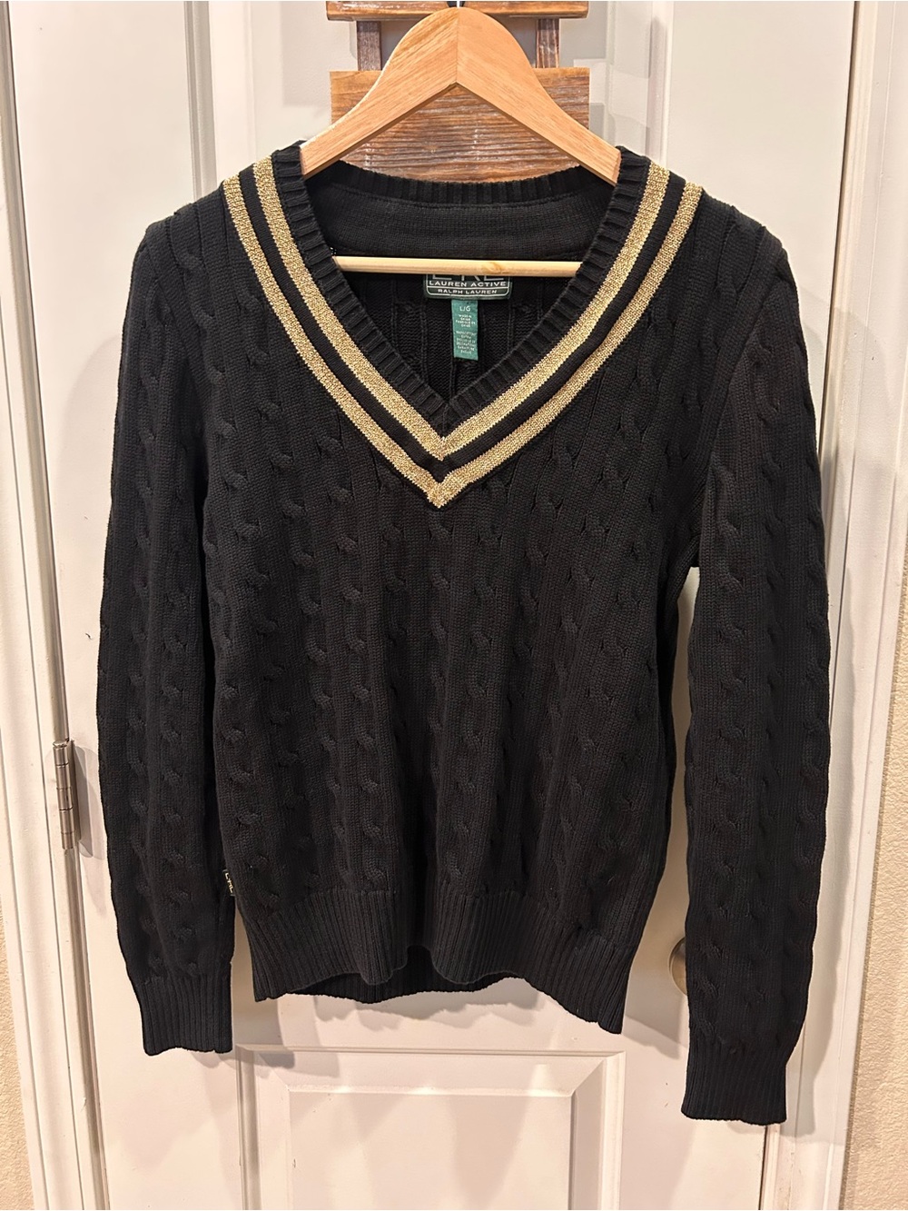 Ralph Lauren Active Black Cable-Knit Sweater Preppy V-neck Gold Trim Academia